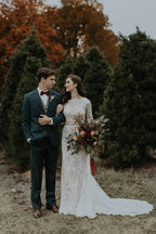 Vestido de novia vintage de manga larga, sin espalda, estilo rústico WD730