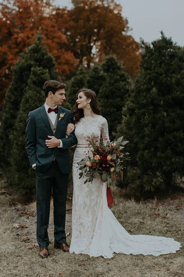 Vestido de novia vintage de manga larga, sin espalda, estilo rústico WD730