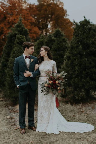 Vestido de novia vintage de manga larga, sin espalda, estilo rústico WD730