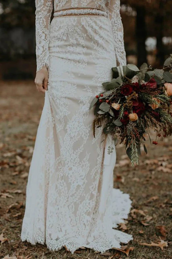 Vestido de novia vintage de manga larga, sin espalda, estilo rústico WD730