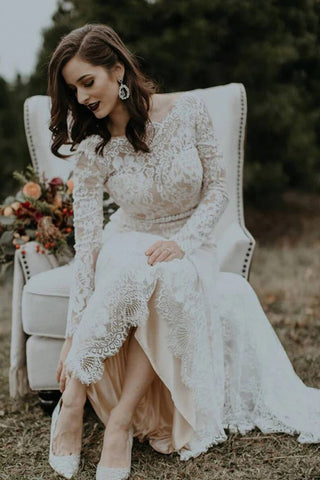 Vestido de novia vintage de manga larga, sin espalda, estilo rústico WD730