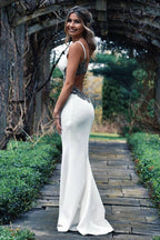 Robe de mariée blanche sirène à longues bretelles spaghetti et perles WD609