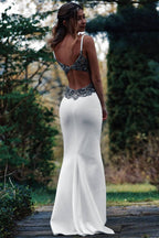 Robe de mariée blanche sirène à longues bretelles spaghetti et perles WD609