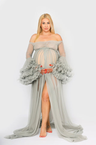 Robe longue en tulle avec traîne pour séance photo de maternité