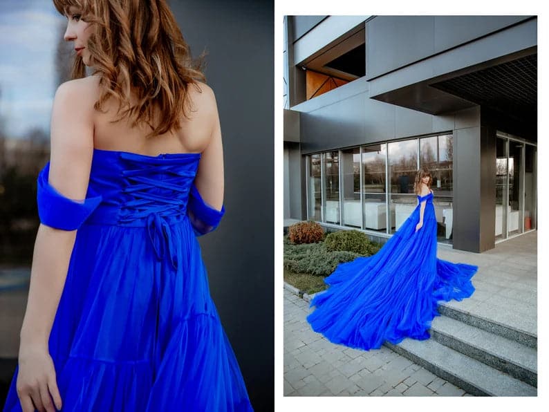 Vestido largo de tul azul real con cola SYP16