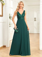 Robe de soirée élégante à sequins 2025 pour femme, en mousseline verte, longue, décolleté plongeant en V, idéale pour un mariage, une fête ou un bal de promo.