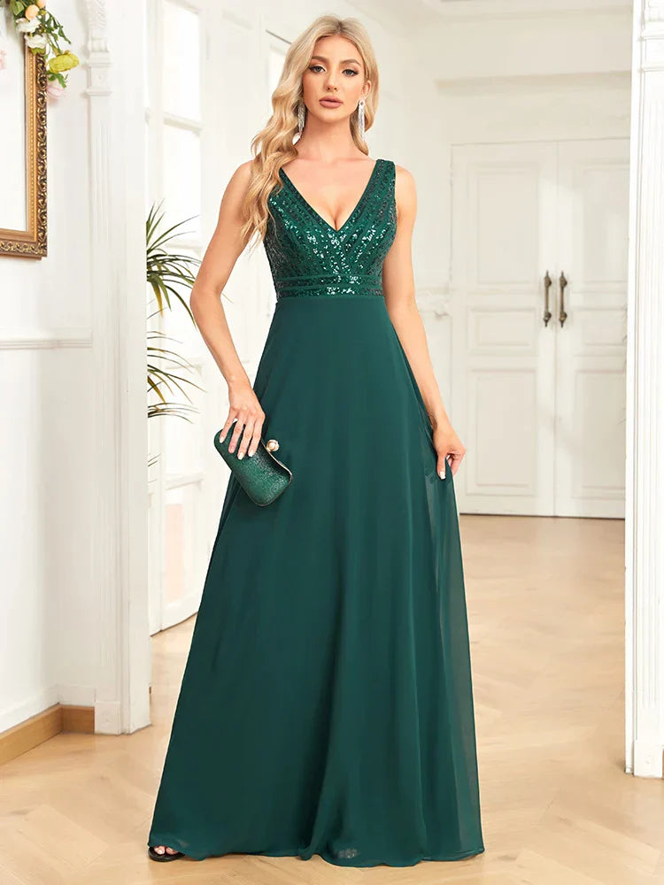 Robe de soirée élégante à sequins 2025 pour femme, en mousseline verte, longue, décolleté plongeant en V, idéale pour un mariage, une fête ou un bal de promo.