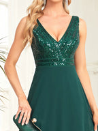 Robe de soirée élégante à sequins 2025 pour femme, en mousseline verte, longue, décolleté plongeant en V, idéale pour un mariage, une fête ou un bal de promo.