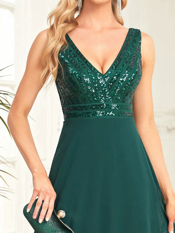 Elegante vestido de noche con lentejuelas 2025 para mujer, de gasa, largo, formal, con escote en V profundo, color verde, cola de sirena, ideal para bodas, fiestas y graduaciones.