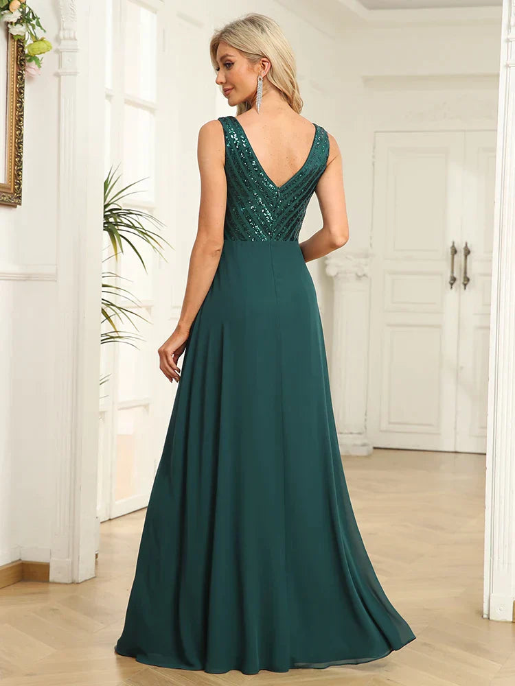 Robe de soirée élégante à sequins 2025 pour femme, en mousseline verte, longue, décolleté plongeant en V, idéale pour un mariage, une fête ou un bal de promo.
