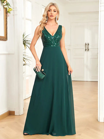 Elegante vestido de noche con lentejuelas 2025 para mujer, de gasa, largo, formal, con escote en V profundo, color verde, cola de sirena, ideal para bodas, fiestas y graduaciones.