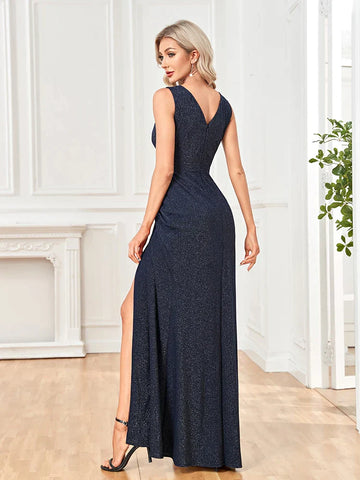 Elegante vestido de noche formal con escote en V brillante, estilo 2025. Vestido largo sexy con abertura para mujer, color azul, ideal para bodas, fiestas, cócteles y graduaciones.