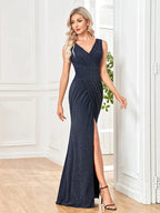Robe de soirée élégante et brillante à col en V, collection 2025, robe maxi fendue sexy pour femme, robe de mariage, cocktail ou bal de promo bleue