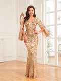 Robes de soirée de luxe couleur champagne pour femmes 2025, manches longues, coupe sirène, sequins, col en V, robes de bal, mariage, soirée