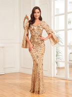 Robes de soirée de luxe couleur champagne pour femmes 2025, manches longues, coupe sirène, sequins, col en V, robes de bal, mariage, soirée