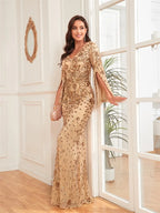 Robes de soirée de luxe couleur champagne pour femmes 2025, manches longues, coupe sirène, sequins, col en V, robes de bal, mariage, soirée