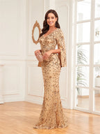 Robes de soirée de luxe couleur champagne pour femmes 2025, manches longues, coupe sirène, sequins, col en V, robes de bal, mariage, soirée