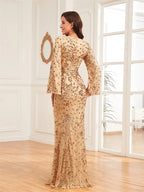Robes de soirée de luxe couleur champagne pour femmes 2025, manches longues, coupe sirène, sequins, col en V, robes de bal, mariage, soirée