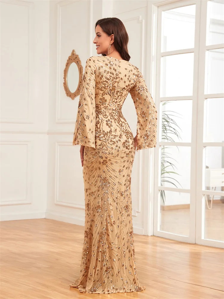 Robes de soirée de luxe couleur champagne pour femmes 2025, manches longues, coupe sirène, sequins, col en V, robes de bal, mariage, soirée