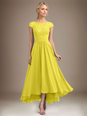 A-line Scoop Illusion Asymmetrical Lace Chiffon Mother of the Bride Dress With Pleated