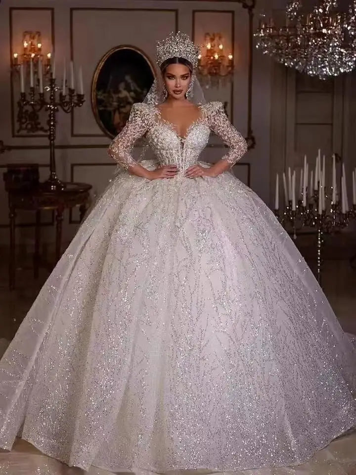 Robe de bal luxueuse et scintillante pour mariées 2023, col en V, manches longues, dentelle, perles, paillettes, style princesse 