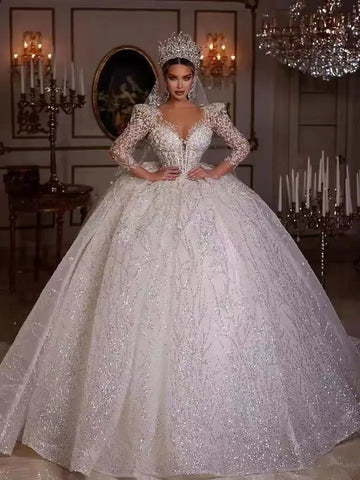 Vestido de novia de baile lujoso y brillante 2023, con cuello en V, manga larga, encaje, cuentas, princesa, con purpurina. 