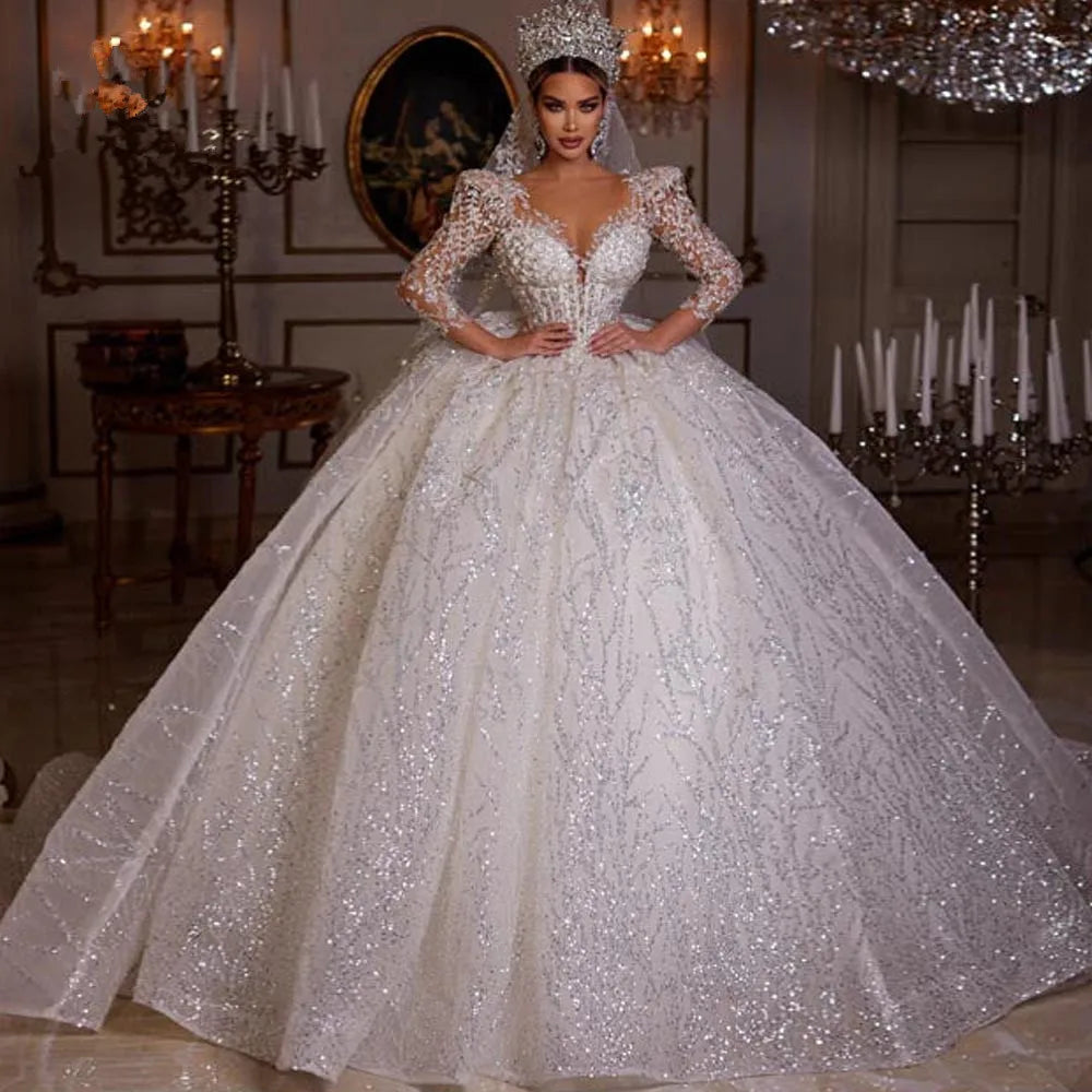 Robe de bal luxueuse et scintillante pour mariées 2023, col en V, manches longues, dentelle, perles, paillettes, style princesse 