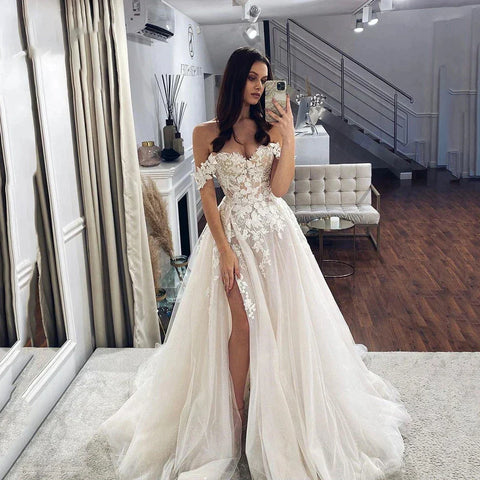 Off Shoulder Mopping Wedding Dresses Sweetheart Lace Beautiful Bridal Gowns Side Split Corset Sleeveless New 2023