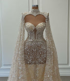 Robe de bal longue et luxueuse à col haut et manches en dentelle pailletée