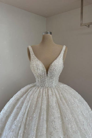 Vestidos de novia largos de princesa, corte princesa, escote en V, encaje, pedrería, sin mangas y con brillo.