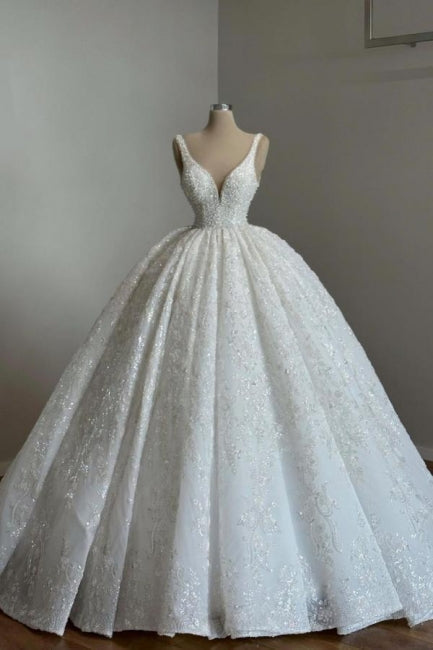 Vestidos de novia largos de princesa, corte princesa, escote en V, encaje, pedrería, sin mangas y con brillo.