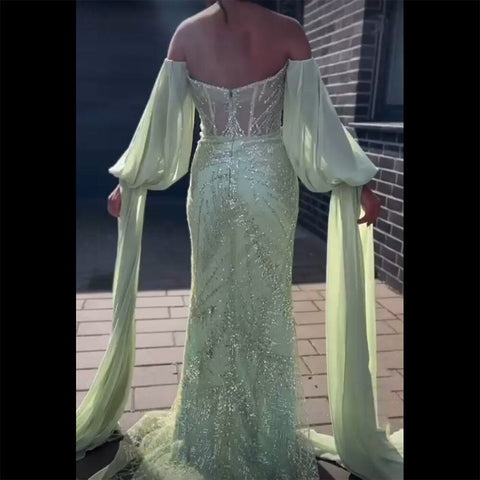 Robe de soirée sirène luxueuse à perles menthe 2025 LA72096 pour femme, idéale pour une fête de mariage 