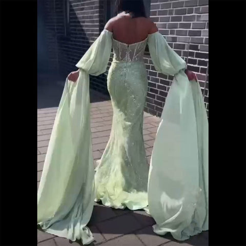 Robe de soirée sirène luxueuse à perles menthe 2025 LA72096 pour femme, idéale pour une fête de mariage 