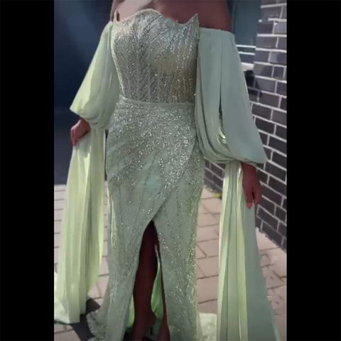 Robe de soirée sirène luxueuse à perles menthe 2025 LA72096 pour femme, idéale pour une fête de mariage 