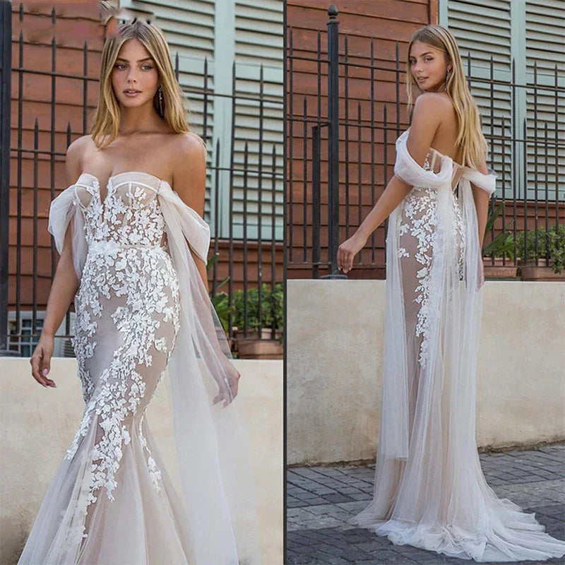 Robe de mariée de luxe à appliqués pour femme, robe de mariée sirène en dentelle grande taille, épaules dénudées, décolleté cœur, style bord de mer
