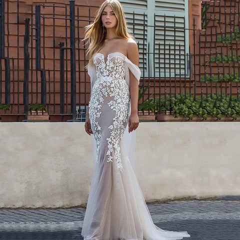 Vestido de novia de lujo con apliques, tallas grandes, encaje, corte sirena, escote corazón y hombros descubiertos, estilo playero.