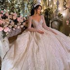Robes de mariée de luxe à manches longues illusion, col rond, paillettes et perles, collection 2023