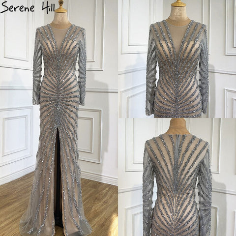 Robe de soirée longue fendue style sirène noire à col en V et perles, luxueuse, 2025, photo réelle, LA70183 