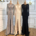 Luxury Black Beading V-Neck Mermaid 2025 Long  Split Evening   Gowns  Party Wear Dresses For  Women  Real Photo LA70183