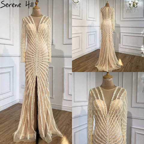 Robe de soirée longue fendue style sirène noire à col en V et perles, luxueuse, 2025, photo réelle, LA70183 