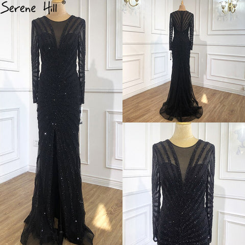 Robe de soirée longue fendue style sirène noire à col en V et perles, luxueuse, 2025, photo réelle, LA70183 