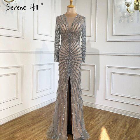 Robe de soirée longue fendue style sirène noire à col en V et perles, luxueuse, 2025, photo réelle, LA70183 