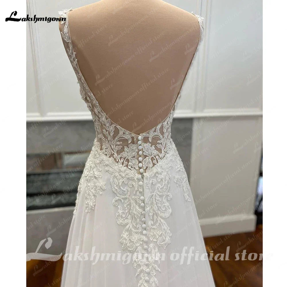 Luxury Civil Chiffon Wedding Gowns Open Back Vintage Bridal Boho Long Wedding Dresses Lace Appliques V neck Vestido Boda