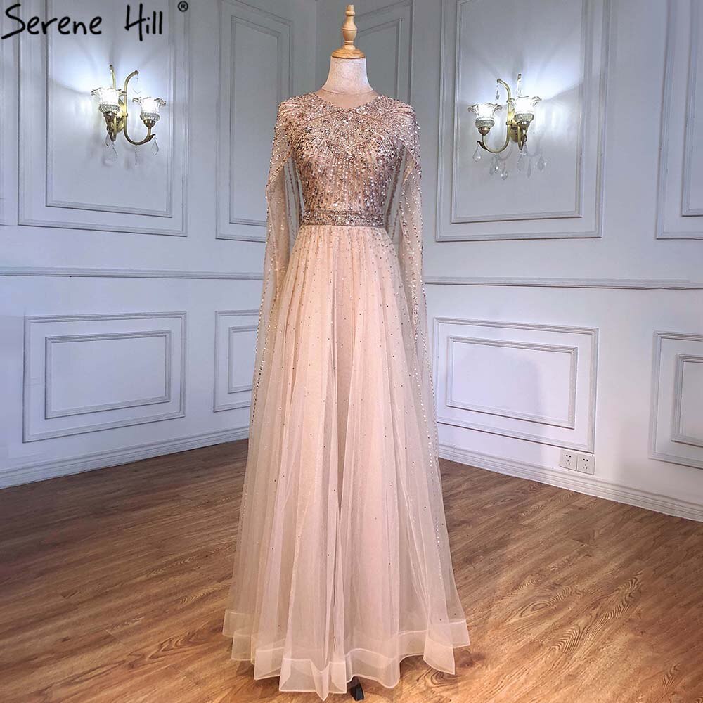 Luxury Gold Arabia Cape sleeves Beaded A-Line Evening Dresses Gowns 2025 For Woman Party LA71362