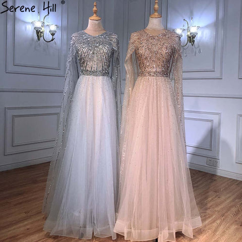 Vestidos de noche de lujo con mangas tipo capa doradas estilo Arabia, corte en A, con cuentas, para mujer, colección 2025, modelo LA71362 