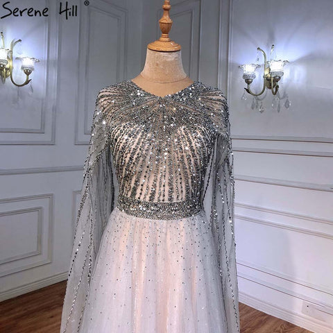 Vestidos de noche de lujo con mangas tipo capa doradas estilo Arabia, corte en A, con cuentas, para mujer, colección 2025, modelo LA71362 