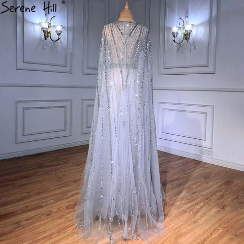 Vestidos de noche de lujo con mangas tipo capa doradas estilo Arabia, corte en A, con cuentas, para mujer, colección 2025, modelo LA71362 