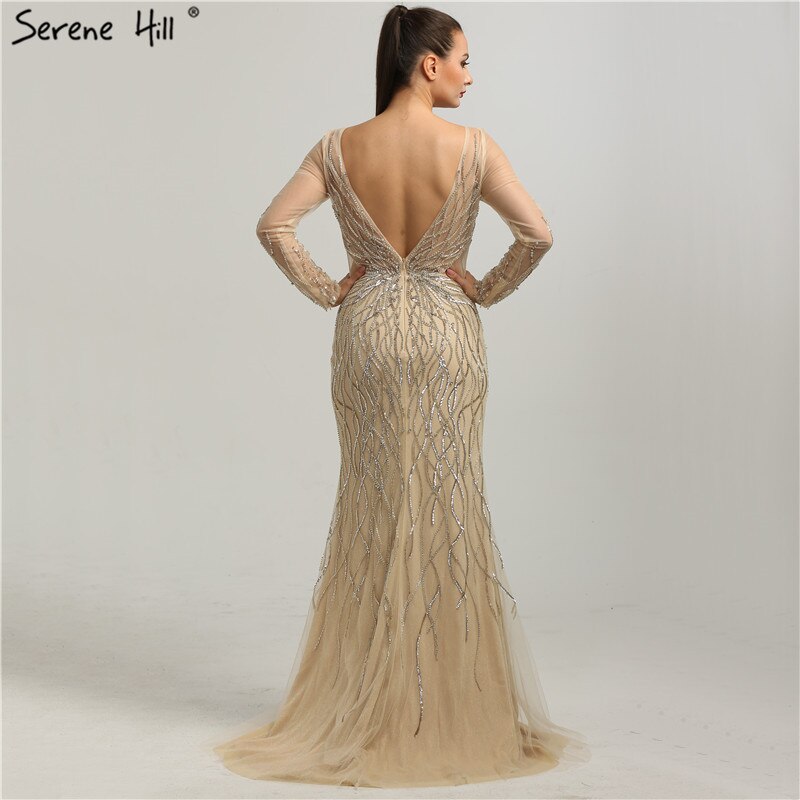 On Sale no return no refundSale Luxury Grey Long Sleeves Evening Dresses 2025 O-Neck Sequins Sparkle Mermaid Formal Dress LA6418