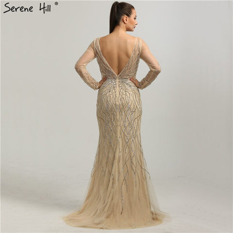 En oferta, sin devoluciones ni reembolsos. Vestidos de noche de lujo grises de manga larga, modelo 2025, con cuello redondo, lentejuelas brillantes, corte sirena, modelo LA6418. 