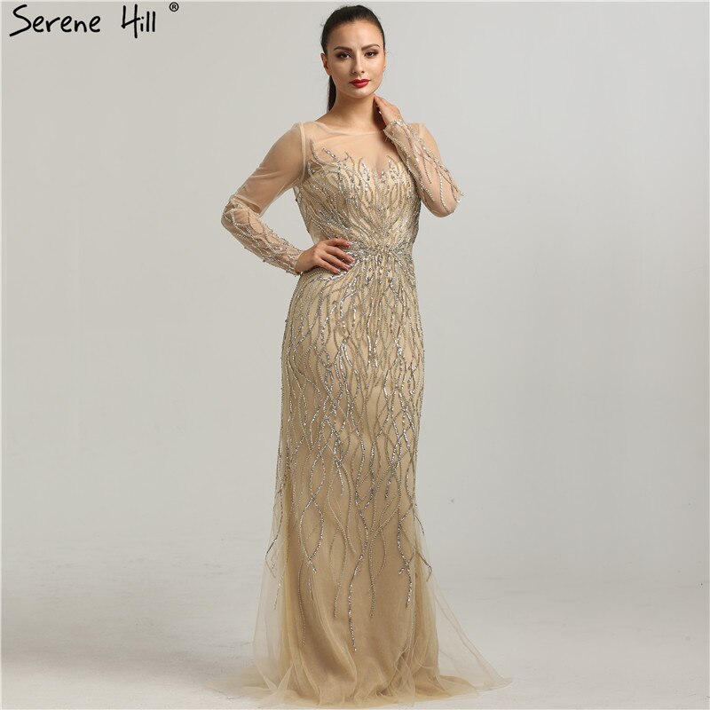 On Sale no return no refundSale Luxury Grey Long Sleeves Evening Dresses 2025 O-Neck Sequins Sparkle Mermaid Formal Dress LA6418